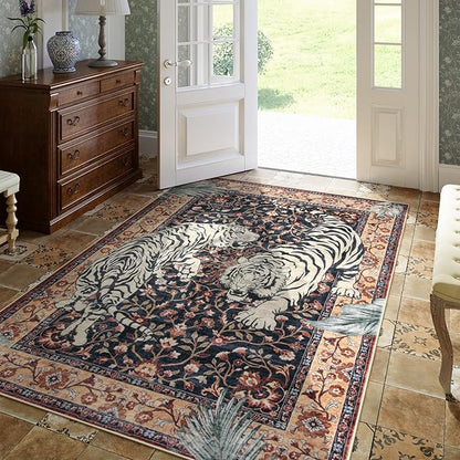 Moynesa Tiger Washable Area Rugs for Living Room, 5x7 Vintage Soft Rug for Bedroom, Non Slip Boho Ultra Thin Large Stain Resistant Throw Rug for Dining Guest Room, Puce Red