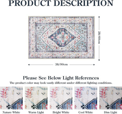 Lahome Boho Round Rug - 8Ft Washable Area Rug, Non-Slip Small Bathroom Rug, Lightweight Bedroom Throw, Oriental Distressed Print Carpet for Entryway, Sofa, Nursery, Kids Room