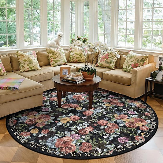 6ft Round Machine Washable Area Rug for Living Room, Black Vintage Boho Floral Rug Large Non-Slip Low Pile Soft Faux Wool Carpet, Kids and Pets Friendly for Bedroom Nursery Farmhouse Home Decor Rug