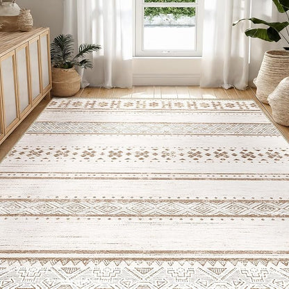 BESTSWEETIE 5x7 Area Rugs for Living Room Washable Moroccan Farmhouse Neutral Geometric Low Pile Non-Slip Soft Print Pattern Rug for Bedroom Kitchen Dining Room Entryway Cream/Brown/Pink