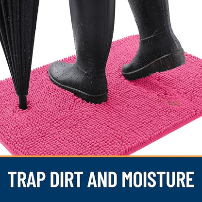 OLANLY Dog Door Mat for Muddy Paws 24x16, Absorbs Moisture and Dirt, Absorbent Non-Slip Washable Doormat, Quick Dry Chenille Mud Mat for Dogs, Entry Indoor Entryway Carpet for Inside Floor, Hot Pink
