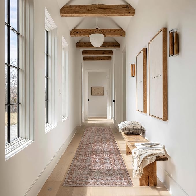 Kuden 2'6"x7' Runner Rug, Machine Washable Area Rug with Non-Slip Backing, Vintage Style, Soft, Easy Clean, Low Pile Rug for Hallway, Entryway, Kitchen, Bedroom