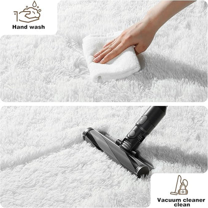 3x5 Cream White Rugs for Bedroom Living Room, Fluffy Small Area Rug Soft Shag Carpet for Kids Boys and Girls Room with 4 Rugs Non-Slip Stickers Dorm Home Decor (3ft x 5ft)