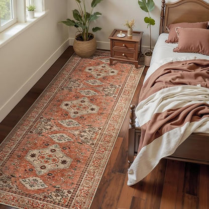 Tangsoo Boho Hallway Runner Rug 2.6x10 Washable Runner Rug for Hallways, Non Slip Vintage Soft Low Pile Long Rug Runner, Oriental Terracotta Carpet Runners for Kitchen Bedroom Entryway Living Room