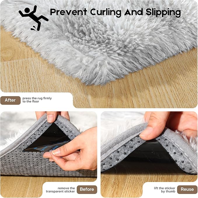 2x3 Tie-Dyed Grey Rugs for Bedroom Living Room, Fluffy Small Area Rug Soft Shag Carpet for Kids Boys and Girls Room with 4 Rugs Non-Slip Stickers Dorm Home Decor (2ft x 3ft)