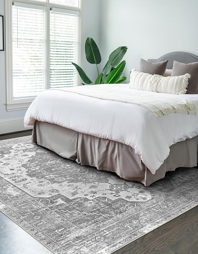 vivorug 6x9 Area Rugs, Stain Resistant Washable Rug for Living Room, Vintage-Inspired Grey Floral Rug