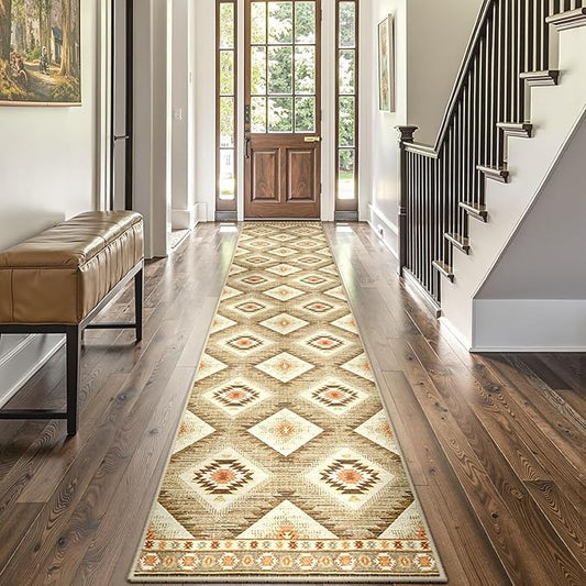 Area Rug 2x10 Rug Machine Washable Non-Slip Low Pile Print Pattern Western Rug for Living Room Bedroom Entryway Tribal Series -Cream/Camel