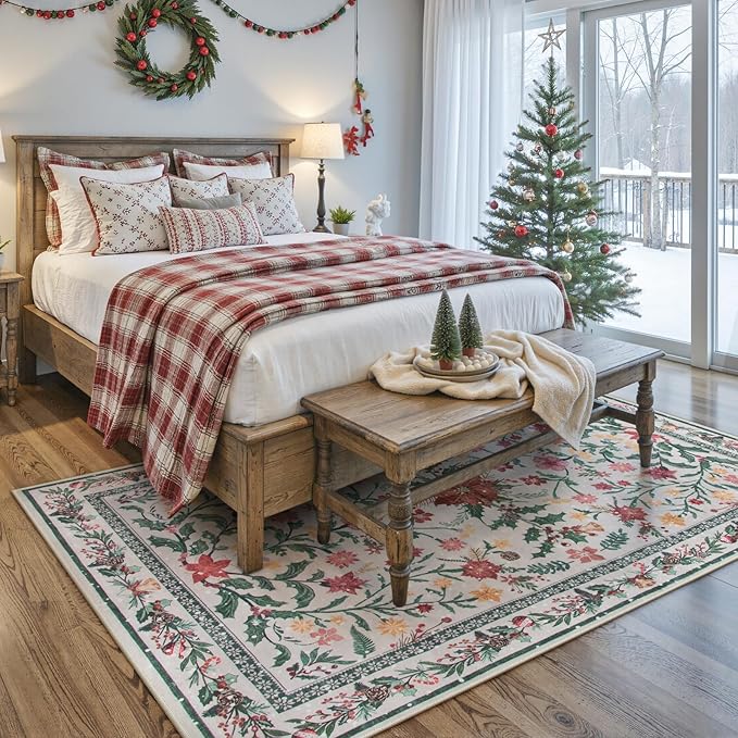 Wonnitar Christmas Rugs for Living Room, Christmas Decor 5x7 Washable Area Rug, Ultra-Thin Red Floral Holly Print Holiday Xmas Decor Non Slip Winter Carpet for Kids Room Bedroom Dining Room