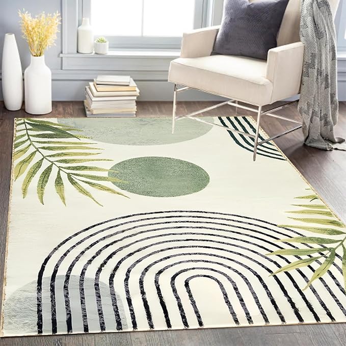 Area Rug 4x6 Modern Green Rug Abstract Tropical Leaves Bedroom Rug Washable Aesthetic Carpet for Living Dining Playroom