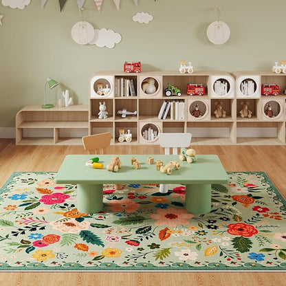 Rugcomf Living Room Rug 5x7 Rug Machine Washable Boho Area Rug Non Slip Floral Vintage Low Pile Large Rugs for Living Room, Bedroom, Farmhouse, Dining Room, Kids Playroom(Green)