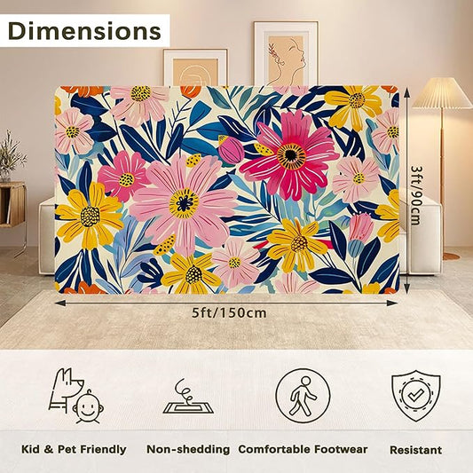 Pink Flowers Summer Area Rug for Living Room, Non-Slip Backing Low Pile Modern Abstract Rug for Indoor Use, 3x5 Washable Carpet