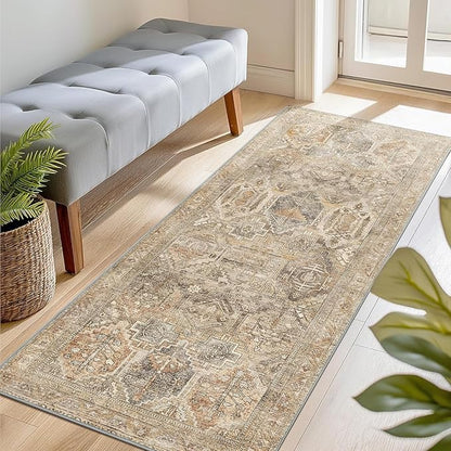 Bavni Kitchen Rug 2x8 Runner Rugs for Hallways Entryway, Washable Vintage Print Carpet, Ultra-Thin Chenille Low Pile Lightweight Rug with Non Slip Backing, Wood