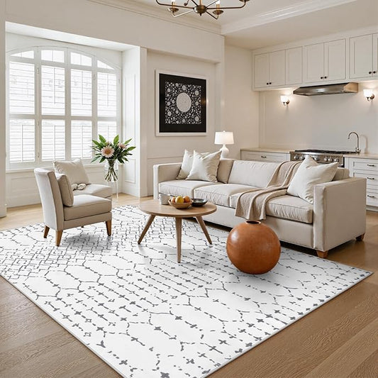 Lahome Moroccan 8x10 Rugs for Living Room - Non-Slip Washable Ultra-Thin Large Rug for Dining, Modern Geometric Print Indoor Soft Carpet for Bedroom Office, White