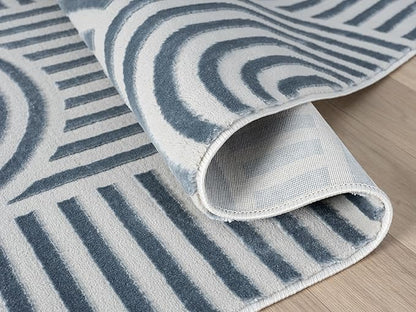 Annabel Modern Geometric Area Rug for Living Room, 5x7 Contemporary Arched and Linear Blue Rug, High-Low Pile Stain Resistant Carpet for Bedroom, Dining Room or Kitchen (5' x 7', Blue)
