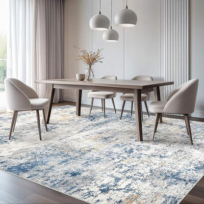Area Rug Living Room Rugs - 5x7 Abstract Large Soft Indoor Washable Rug Neutral Modern Low Pile Carpet for Bedroom Dining Room Farmhouse Home Office - Blue