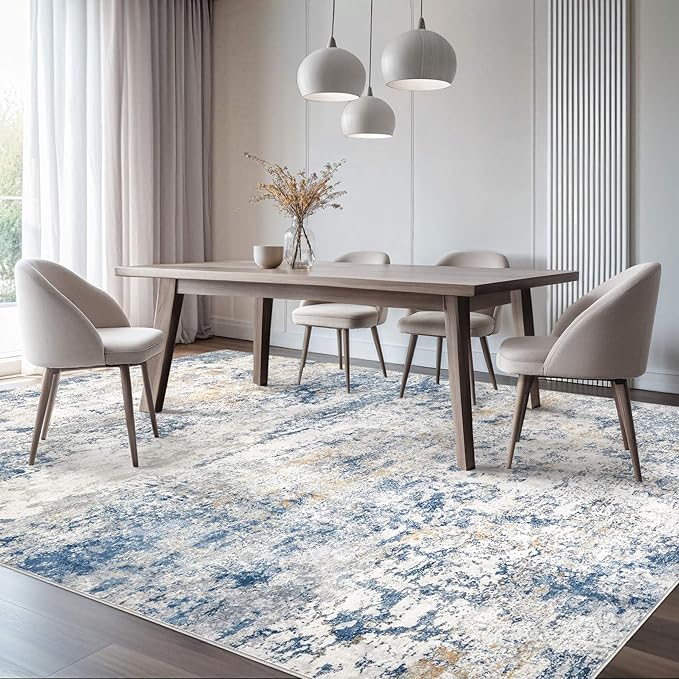 Area Rug Living Room Rugs - 7x9 Abstract Large Soft Indoor Washable Rug Neutral Modern Low Pile Carpet for Bedroom Dining Room Farmhouse Home Office - Blue