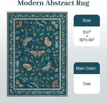 5x8 Insect Print Entryway Rug - Indoor Non-Slip Low Pile Machine Washable Bug Rug for Front Door, Living Room, Bedroom, Kitchen, Nursery, Laundry (5'x8' Teal)