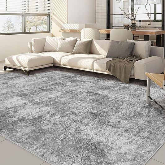 Nakagishi 9x12 Area Rugs Living Room: Washable Abstract Large Neutral Soft Rug Stain Resistant Modern Indoor Floor Non-Slip Carpet for Bedroom Nursery Kids Playroom Office Dining Room Dorm- Grey