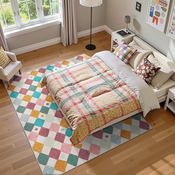 jinchan Macy Area Rug 6x9 Kids Washable Rug Indoor Floor Cover Non-Slip Modern Soft Rug Elementary School Classroom Diamond Carpet for Nursery Playroom Daycare Living Room Bedroom Confetti on Cream