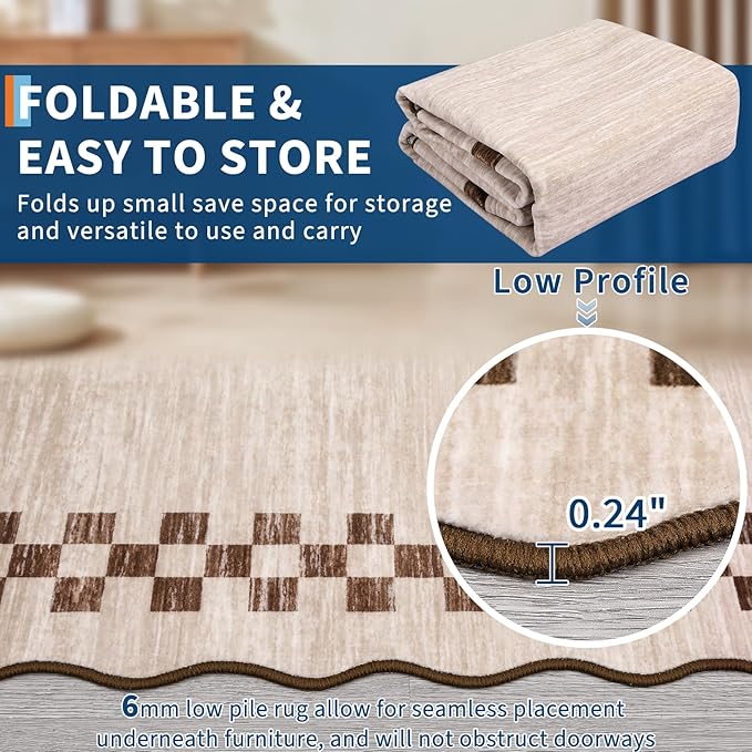 GarveeHome Washable Rug 5x7 for Living Room Large Bedroom Scalloped Rug Non Slip Stain Resistant Modern Border Throw Carpet Soft Boho Rug for Dining Room Nursery Home Office, Beige