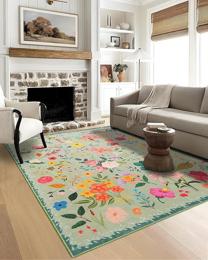 Boho Washable Area Rug 5x7 – Floral Low Pile Non-Slip Carpet for Living Room, Bedroom, Office, Playroom, Entryway, Kitchen, Dining Room (Green)