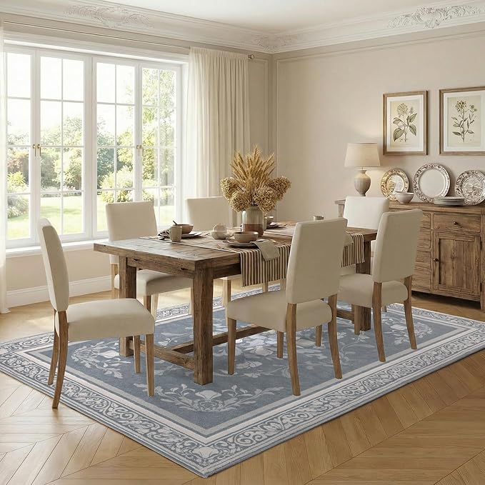 SOULFUL Medium Pile 8x10 Rugs for Living Room - Cozy Soft Underfoot Large Area Rug - Greige Boho Floral - Washable Non-Slip - Perfect for Bedroom Kids Room Under Dining Table Office