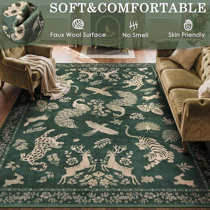Moynesa Green 5x7 Living Room Rugs, Luxurious Vintage Boho Animal Washable Area Rug for Bedroom Dining Room Office Study, Low Pile Soft Non-Slip Easy Clean Retro Carpets for Indoor