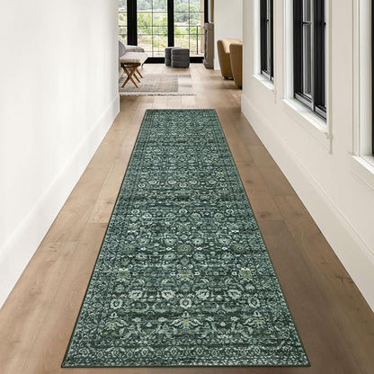 Vintage Runner Rug 3x10, Dark Green Washable Kitchen Runner Non-Slip Soft Hallway Rug Runner Floral Thin Print Faux Wool Carpet for Entryway Bedroom Laundry Room Indoor Home Office Decor