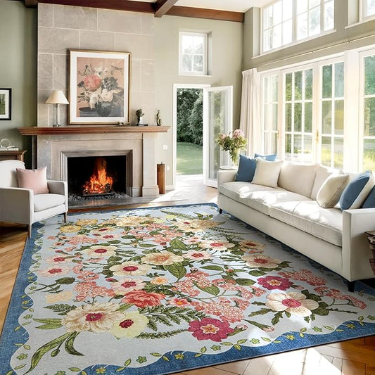 Floral Rugs for Living Room - 9x12 Soft Washable Area Rug Stain Resistant Ultra-Thin Non-Slip Low Pile Farmhouse Vintage Large Carpet for Bedroom Dining Room Nursery Home Office Decor, Blue