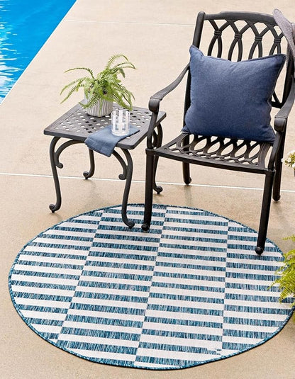 Unique Loom Outdoor Striped Collection Area Rug - Striped (10' Round Blue/Ivory)
