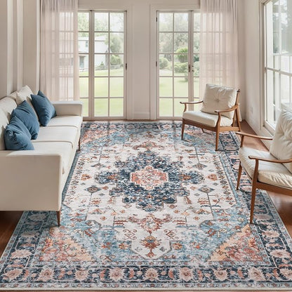 Tangsoo 8x10 Area Rug for Living Room, Washable Vintage Indoor Non Slip Large Area Rugs, Print Distressed Blue/Beige Carpet, Soft Low Pile Foldable Floor Rug for Bedroom Dining Room Dorm