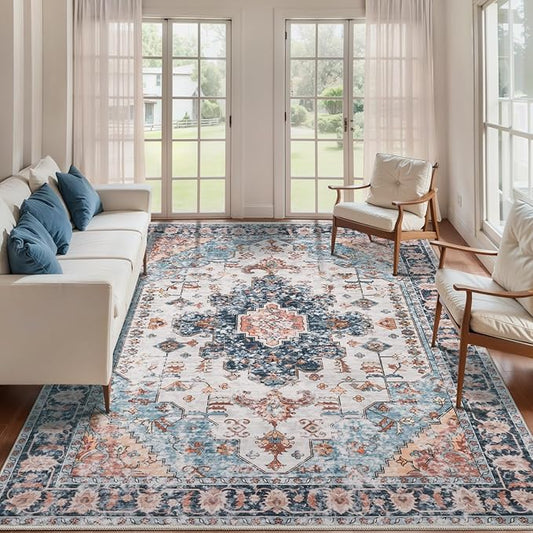 Tangsoo 8x10 Area Rug for Living Room, Washable Vintage Indoor Non Slip Large Area Rugs, Print Distressed Blue/Beige Carpet, Soft Low Pile Foldable Floor Rug for Bedroom Dining Room Dorm