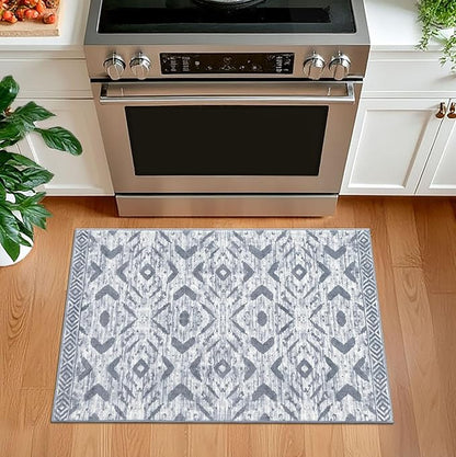 KILOCOCO Boho Entryway Rug 2x3 Printed Small Area Rug Indoor Door Mat Machine Washable Kitchen Rugs Super Soft Non Slip Throw Rugs for Bedroom Entrance Geometric Laundry Room, Gray/White