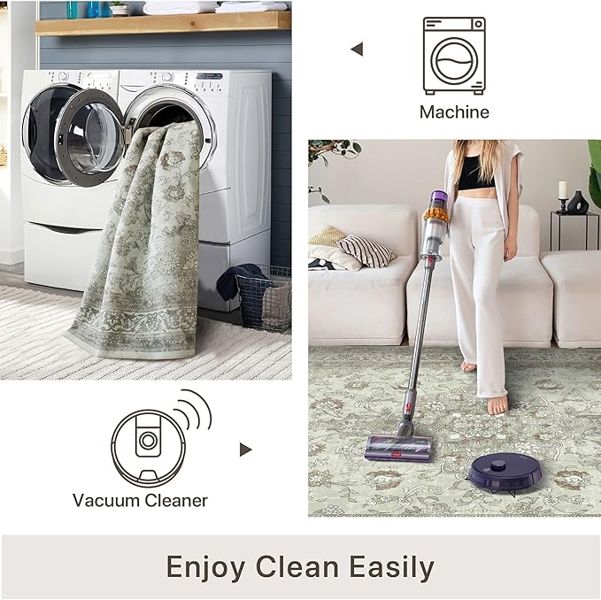 vivorug Sage Green 5x7 Area Rugs - Ultra-Thin Washable Rug with Non-Slip Backing, Ideal for Living Room, Bedroom, Kitchen Floor Carpet - Vintage Floral, Easy Clean, Durable, Low Pile