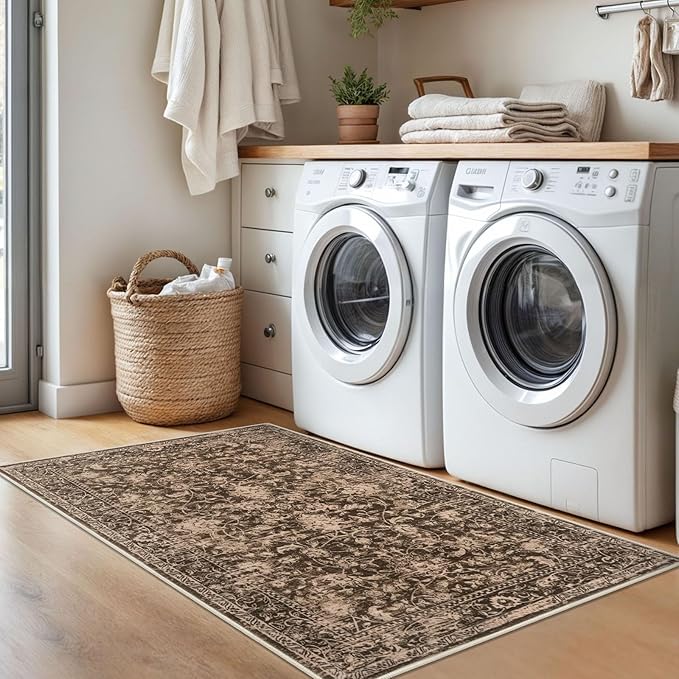 KILOCOCO Area Rug 3x5 Entryway Rug Washable Printed Vintage Floral Rubber Backed Non Slip Indoor Kitchen Rugs for Living Room Laundry Room Playroom Mudroom Moroccan Area Rugs, Rust Red