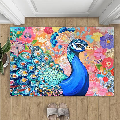 Peacock Area Rug 3x5-3x5 Rug, Boho Floral Rugs for Living Room, Colorful Carpet, Oil Painting Art Washable Area Rugs for Bedroom, Aesthetics Carpet - Peafowl Home Decor & Gifts