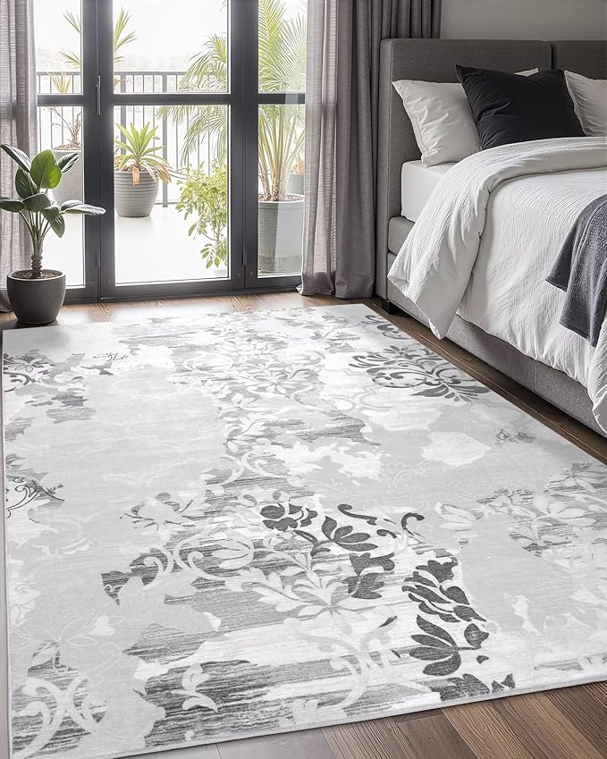 Washable Abstract Rug, 4x6 Classic Grey and White Floral Area Rugs with Non-Slip Rubber Backed for Bedroom, Low Pile Modern Throw Carpet Kitchen Living Room Decor