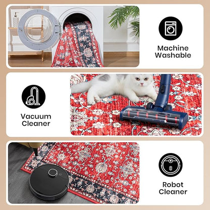 Area Rug for Living Room, 9x12 Machine Washable Non Slip Large Faux Wool Throw Rug, 0.3″ Low Pile & Non-Shedding Boho Large Carpet Rugs for for Dining Room, Bedroom, Office (Black Red)
