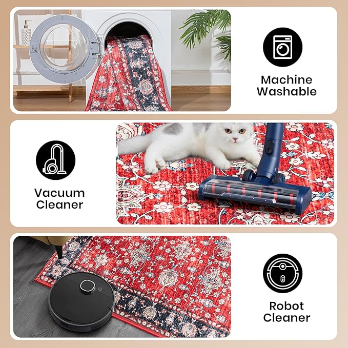 4x6 Washable Area Rug，Scarlet Red Vintage Accent Carpet with Navy Border, Boho Rug for Living Room, Dining Room，Bedroom, Entryway, Kitchen, Office, Indoor Non-Slip Mat, Holiday Ready