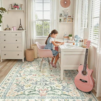 Lahome Boho Rugs for Living Room, Washable Large 8 x 10 Area Rugs for Bedroom Non Slip, Soft Ultra-Thin Distressed Floral Throw Carpet for Office Dining Room, Cream/Multi