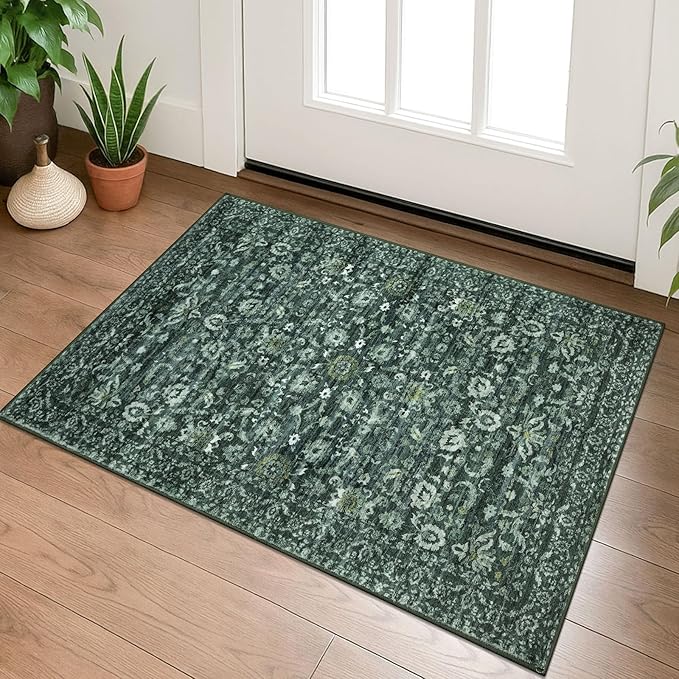 Vintage Entryway Rug 2x3 Washable, Dark Green White Kitchen Rug, Super Soft Thin Faux Wool Small Area Rug, Non-Slip Accent Mat for Foyer, Bedroom, Office