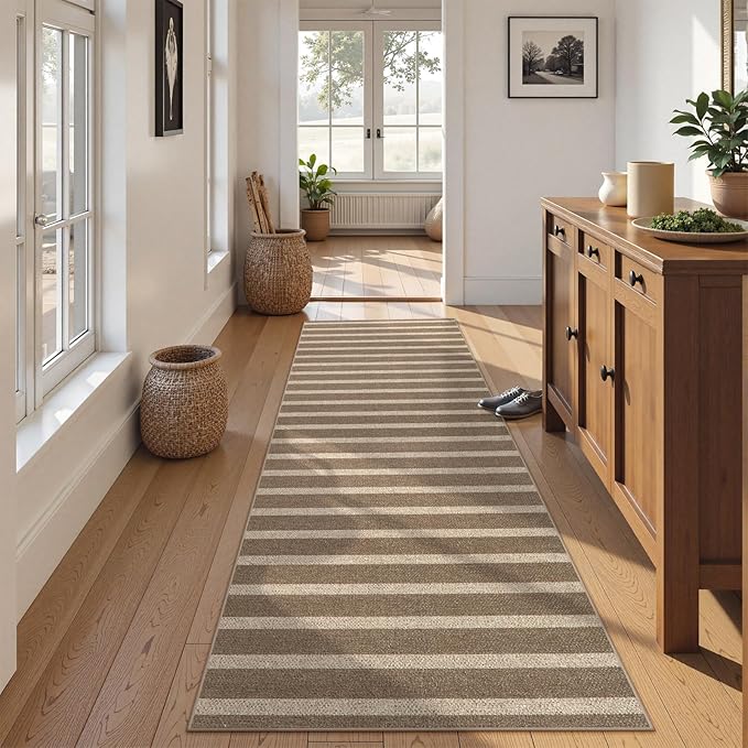 Lahome Striped Easy Jute Kitchen Runner, 2x8 Washable Indoor Outdoor Entryway Runner Rug, Farmhouse Neutral Non Slip Non Shedding Carpet for Hallway Porch Foyer, Khaki