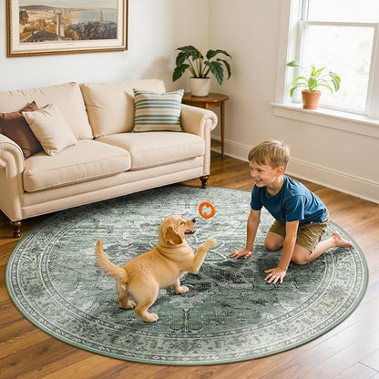 Area Rugs 6ft Washable Non-Slip, Floral Vintage Distress Print Pattern Medallion Carpet for Living Room Bedroom Dining Room, Dark Green Gray