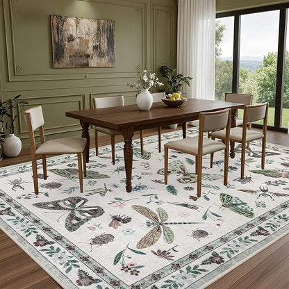 9x12 Area Rugs Living Room Rug: Vintage Washable Rug Floral Soft Carpet Indoor Floor Non-Slip Boho Stain Resistant Large Carpets for Bedroom Kids Nursery Dining Room Farmhouse Home Office Beige