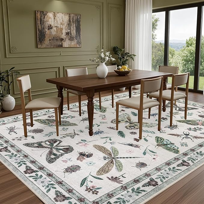 5x7 Area Rugs Living Room Rug: Vintage Washable Rug Floral Soft Carpet Indoor Floor Non-Slip Boho Stain Resistant Large Carpets for Bedroom Kids Nursery Dining Room Farmhouse Home Office Beige