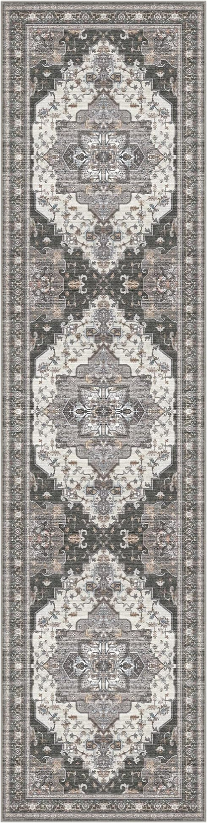 GENIMO 2X8 Hallway Runner Rug, Machine Washable Non Slip Vintage Floral Patchwork Runners, Thin Low Pile Chenille Carpet Runners for Entryway, Kitchen, Bathroom, Bedroom, Slate Gray