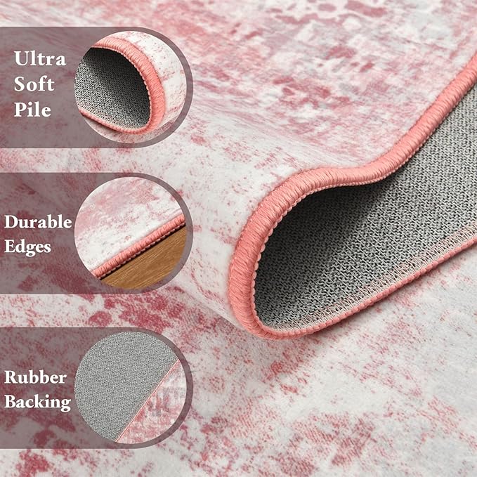Washable Abstract Rug, 2x3 Small Modern Area Rugs with Non-Slip Rubber Backed for Kitchen, Thin but Soft Throw Carpet Bedroom Entryway Front Door Decor, Pink