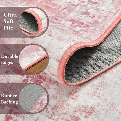 Washable Abstract Rug, 4x6 Modern Area Rugs with Non-Slip Rubber Backed for Living Room, Thin but Soft Contemporary Carpet Kitchen Bedroom Decor, Pink