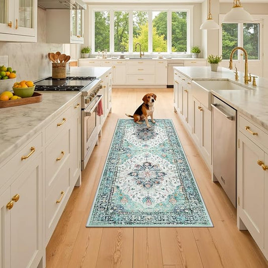 Area Rugs 2'x6' Washable Non-Slip, Floral Vintage Distress Print Pattern Medallion Carpet for Living Room Bedroom Dining Room, Green Navy Blue White Red Teal Colorful