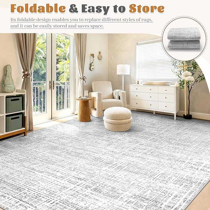 5x7 Area Rugs for Living Room, Washable Large Area Rug Neutral Modern Abstract Bedroom Rug Soft Non Slip Low Pile Stain Resistant Indoor Carpet for Nursery Kids Dining Room Office(Grey, 5'x7')